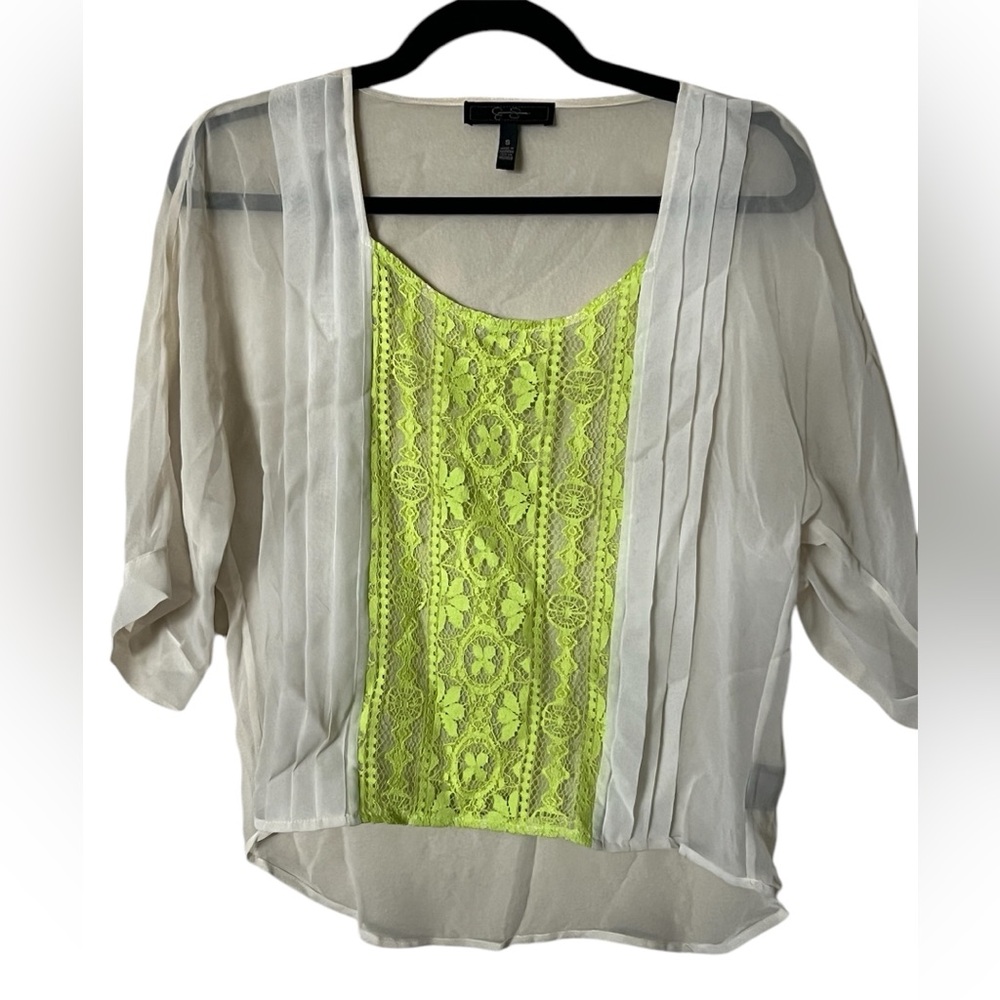 2 for $18 Cute Sheer  mid sleeve top Jessica Simpson White Lime Green S